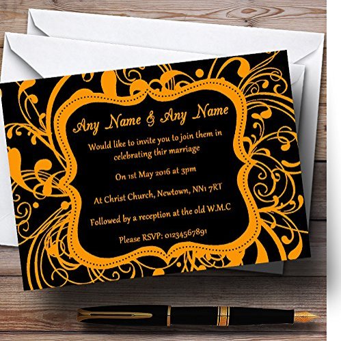 Black & Orange Swirl Deco Personalized Wedding Invitations