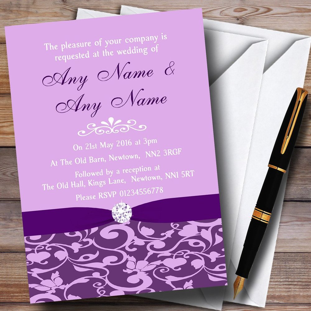 Purple Vintage Floral Damask Diamante Personalized Wedding Invitations