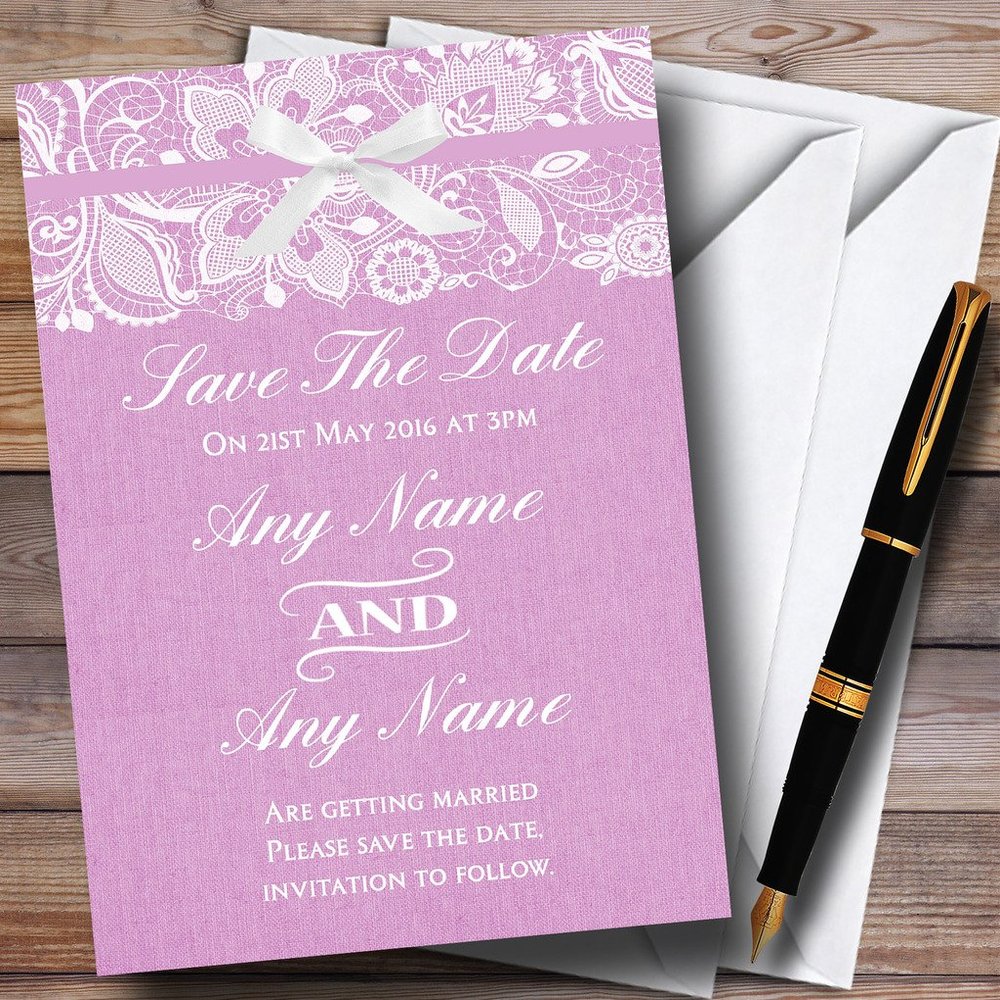 Vintage Dusky Pink Rose Burlap & Lace Personalized Wedding Save The Date Cards