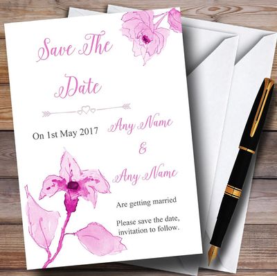 Beautiful Dusty Rose Pink Watercolour Flowers Personalized Wedding Save The D...