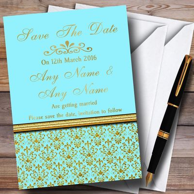 Aqua Sky Blue & Gold Vintage Damask Personalized Wedding Save The Date Cards