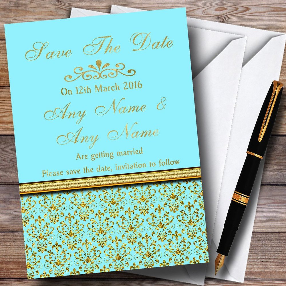 Aqua Sky Blue & Gold Vintage Damask Personalized Wedding Save The Date Cards