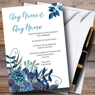 Aqua Green & Blue Watercolour Florals Personalized Evening Reception Invitations