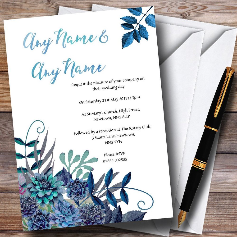 Aqua Green & Blue Watercolour Florals Personalized Evening Reception Invitations