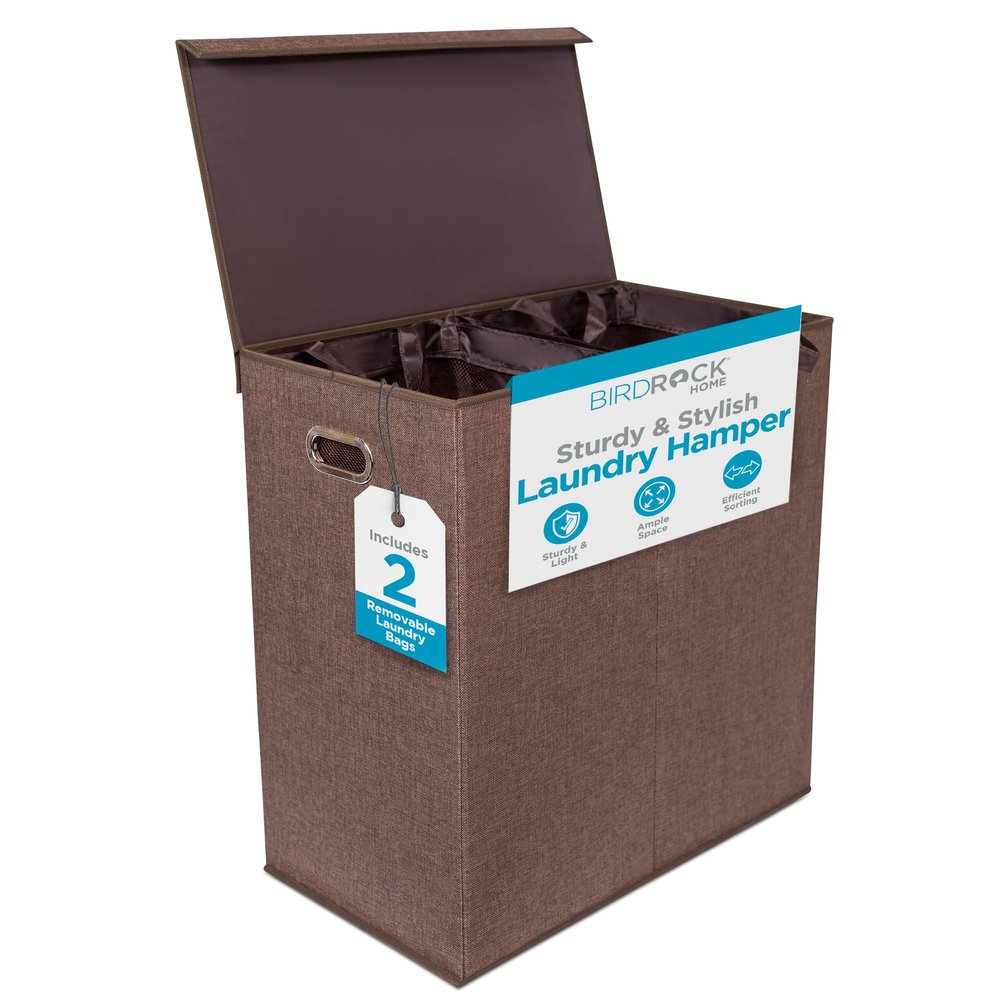 BIRDROCK HOME Laundry Hamper with Lid | Removable Bags for Sorting Clothes | Sectioned Laundry Basket for Bedroom & Bathroom | Collapsible Storage Bin with Cover | Double, Brown