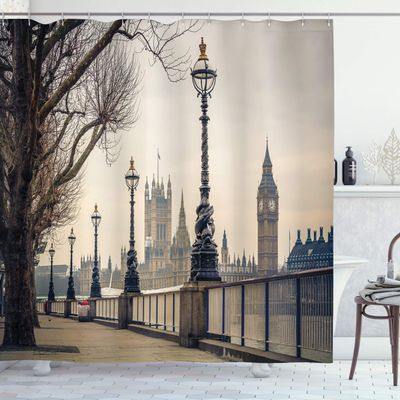 Ambesonne London Shower Curtain, Big Ben and Houses of Parliament The Riverside with Retro Lanterns Picture, Cloth Fabric Bathroom Decor Set with Hooks, 69" W x 84" L, Ivory Grey