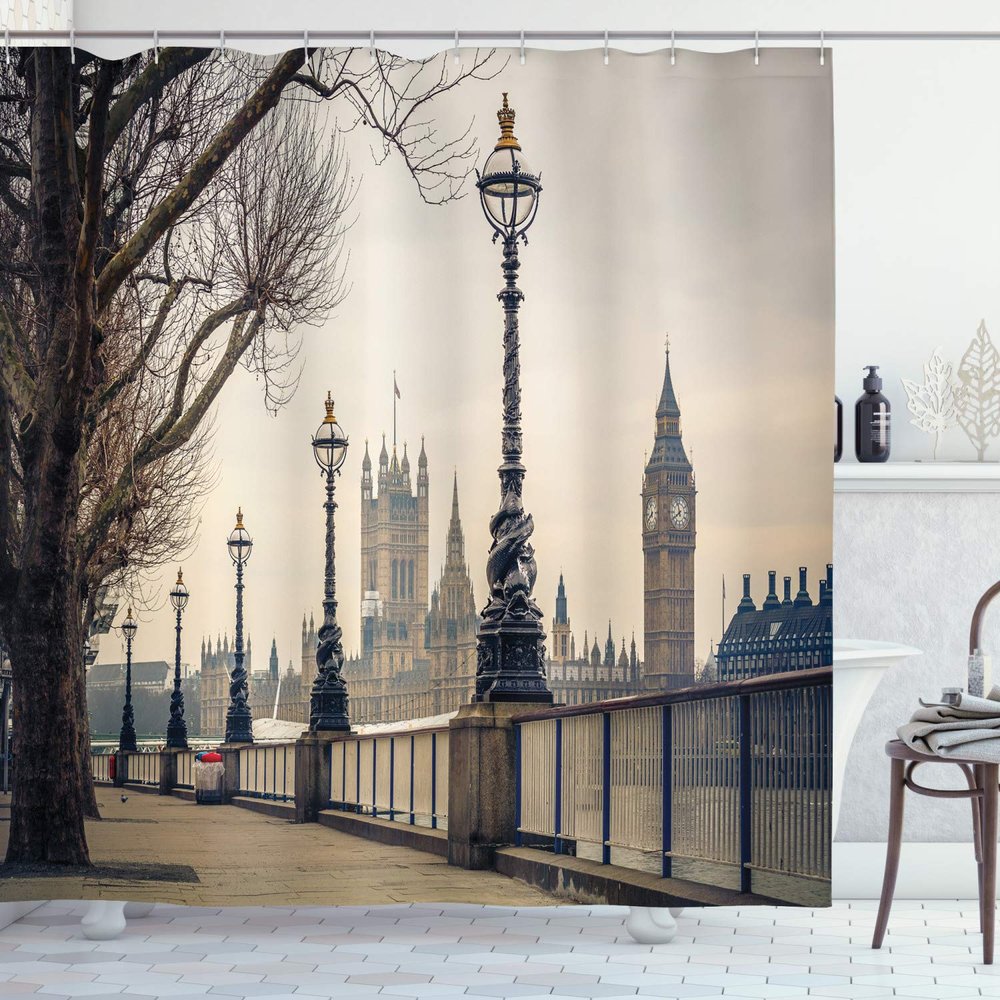 Ambesonne London Shower Curtain, Big Ben and Houses of Parliament The Riverside with Retro Lanterns Picture, Cloth Fabric Bathroom Decor Set with Hooks, 69" W x 84" L, Ivory Grey