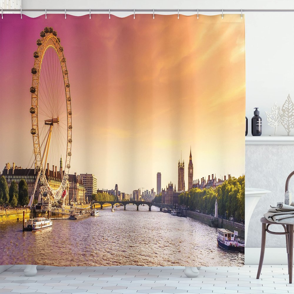 Ambesonne London Shower Curtain, Sunset View Bridge on Thames River Ferris Wheel London Eye Big Ben Westminster, Cloth Fabric Bathroom Decor Set with Hooks, 69" W x 75" L, Peach and Pink