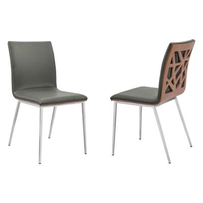 Armen Living Crystal Dining Chair in Brushed Stainless Steel finish with Grey Pu Upholstery and Walnut Back (Set of 2)