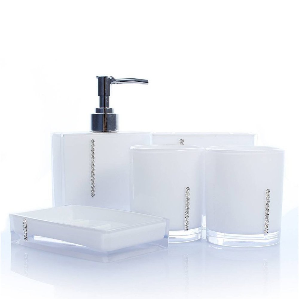 AMSS Bathroom Accessory Set 5 pieces Soap Dish Dispenser Tumbler Toothbrush Holder diamante 4 colours (White)