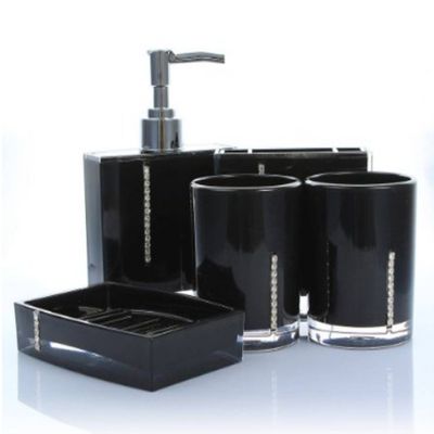 AMSS Bathroom Accessory Set 5 pieces Soap Dish Dispenser Tumbler Toothbrush Holder diamante 4 colours (Black)