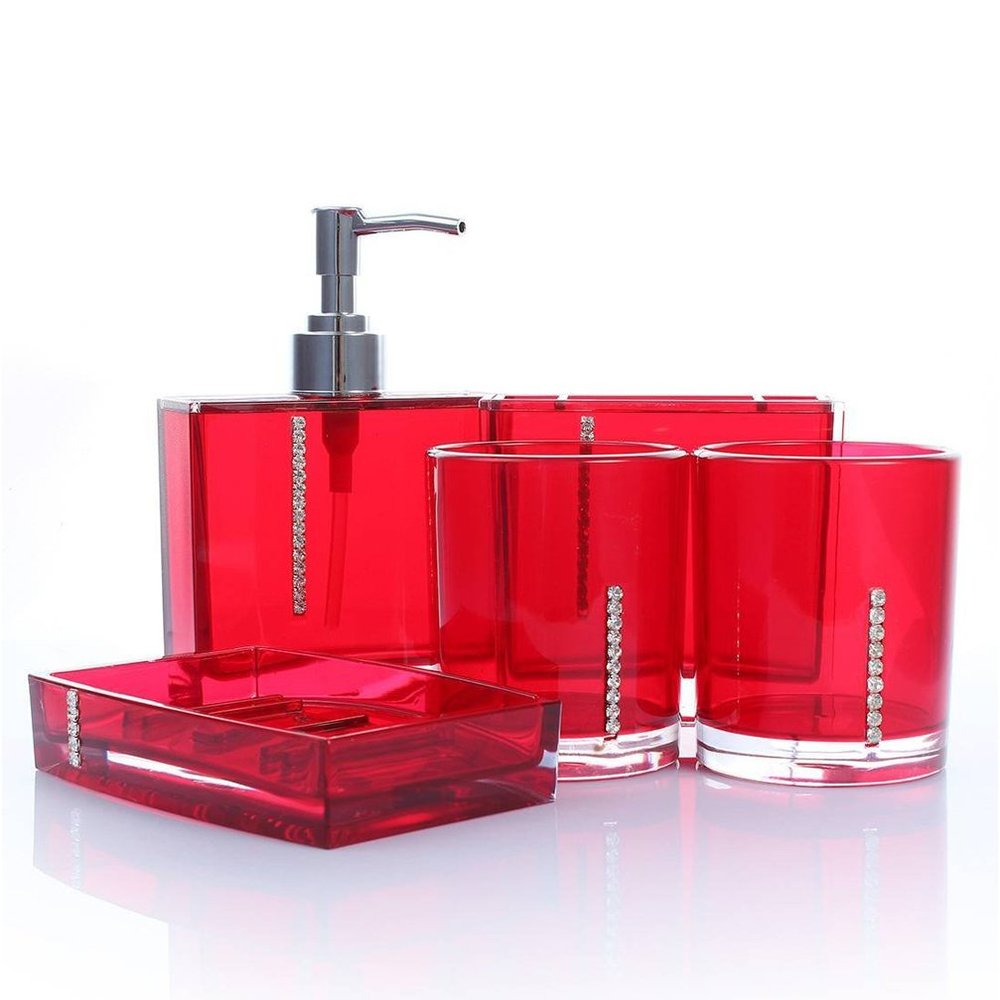 AMSS Bathroom Accessory Set 5 pieces Soap Dish Dispenser Tumbler Toothbrush Holder diamante 4 colours (Red)
