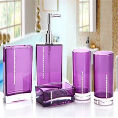 AMSS Bathroom Accessory Set 5 pieces Soap Dish Dispenser Tumbler Toothbrush Holder diamante 4 colours (Purple)