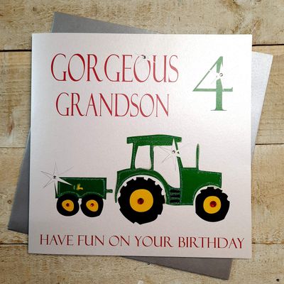 WHITE COTTON CARDS Gorgeous Grandson 4 Have Fun, Handmade 4th Birthday Card, Tractor