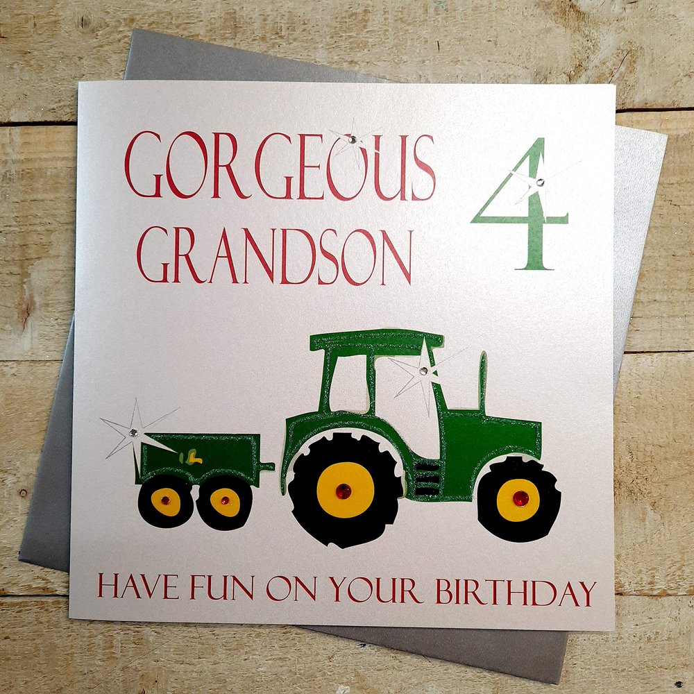 WHITE COTTON CARDS Gorgeous Grandson 4 Have Fun, Handmade 4th Birthday Card, Tractor
