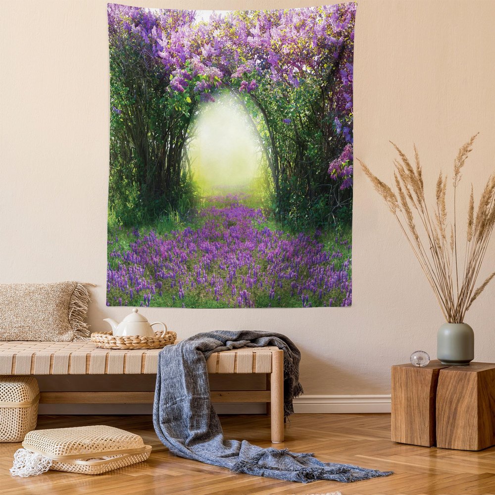 Ambesonne Garden Tapestry, Magic Misty Forest View Spring Blossoms Bushes Greenery Grasses Sun Rays, Wall Hanging for Bedroom Living Room Dorm Decor, 60" X 80", Lavender Green