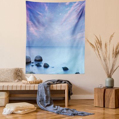 Ambesonne Beach Tapestry, Baltic Sea Coast Autumn Sunset View Boulders on Water Tourism Theme Picture, Wall Hanging for Bedroom Living Room Dorm Decor, 40" X 60", Pale Blue Lilac