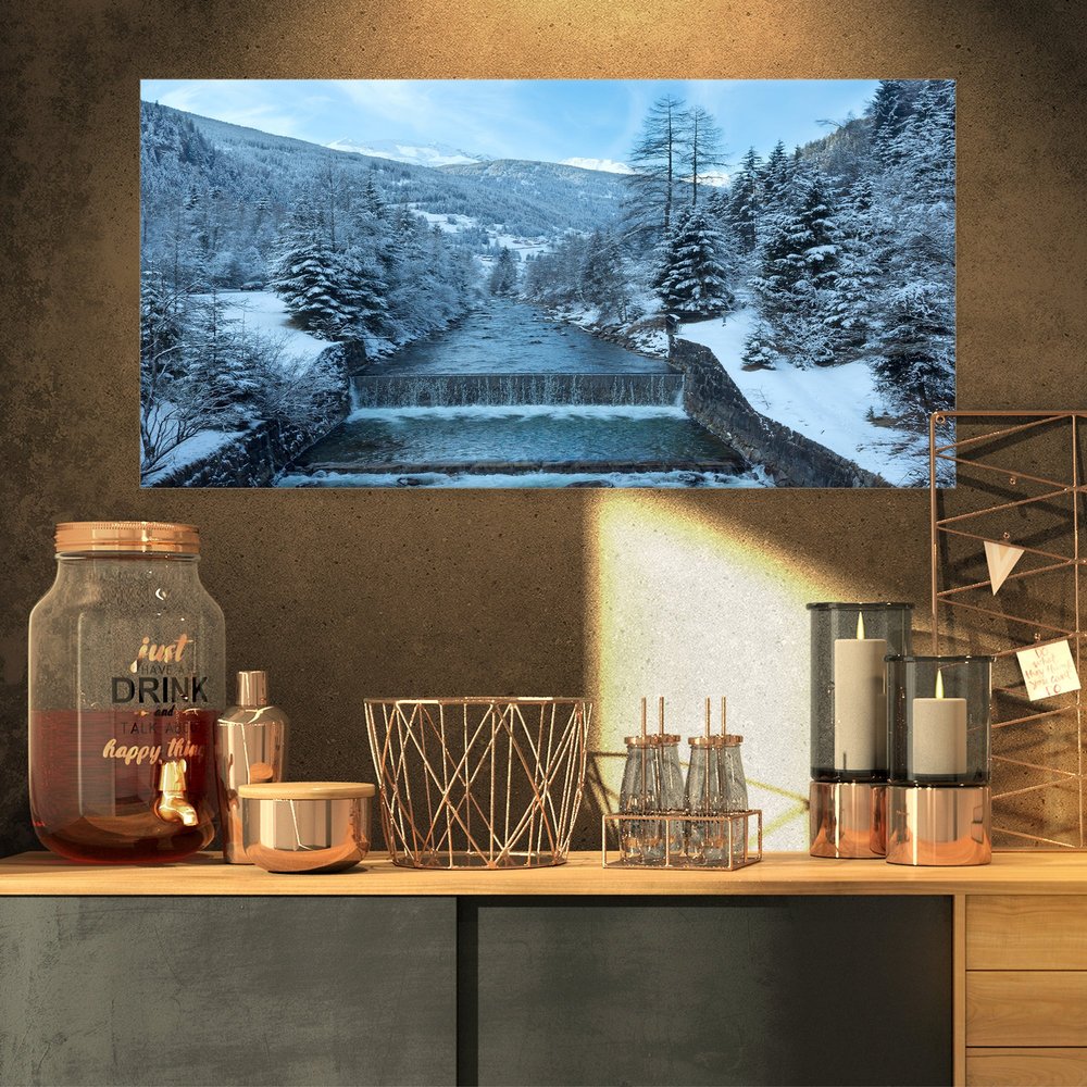 Designart Winter Mountain Stream-Landscape Photo Canvas Print-32x16, 32x16