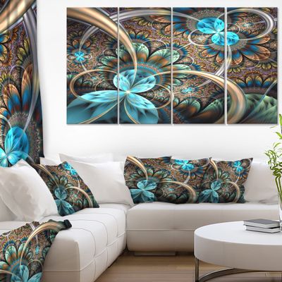 Designart Light Blue Fractal Flower-Digital Art Floral Canvas Print-48x28-4 Panels, 28'' H x 48'' W x 1'' D 4P