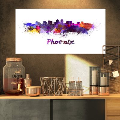 Designart Phoenix Skyline-Cityscape Canvas Artwork Print-32x16, 32x16, Purple