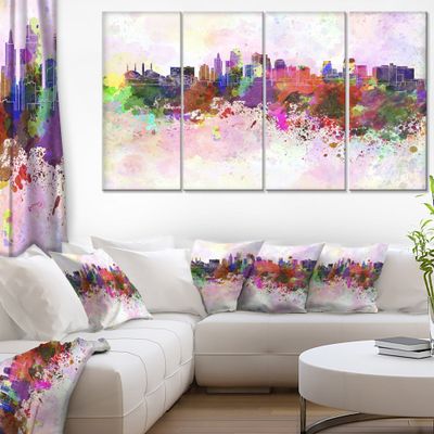 Designart Kansas City Skyline-Cityscape Canvas Artwork Print-48x28-4 Panels, 28 in x 48 in x 1 in (H x W x D) 4 P, Purple