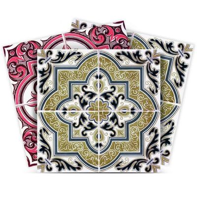 Authentic Tile Stickers by Mi Alma 24 PC Set Spanish Design Wall Tile Decal Perfect for Kitchen Backsplash or Bathroom Tiles Vinyl Art Easy to Install Peel and Stick (6x6 Inch, Rosy Green H219)