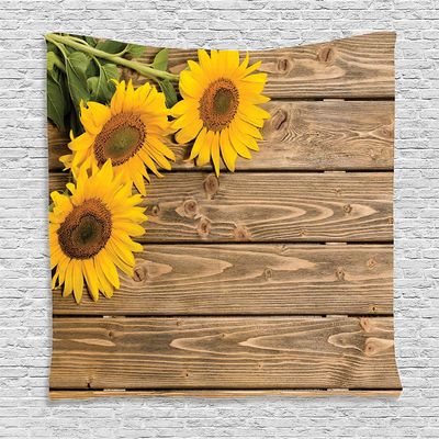 Ambesonne Sunflower Tapestry, Picture of 3 Flowers on Wooden Background at Top Left Corner Picture Country Themed Print, Wall Hanging for Bedroom Living Room Dorm Decor, 60" X 80", Yellow Umber