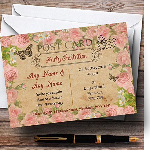 Pink Roses Vintage Shabby Chic Postcard Personalized Anniversary Party Invita...
