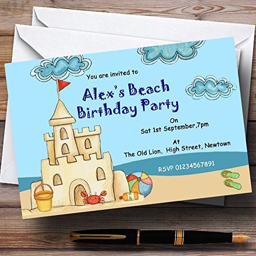 Beach Sandcastle Pool Theme Personalized Birthday Party Invitations