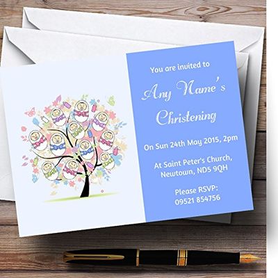 Baby Tree Boy Blue Christening Party Personalized Invitations