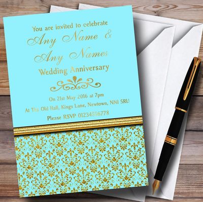 Aqua Sky Blue & Gold Vintage Damask Personalized Anniversary Party Invitations