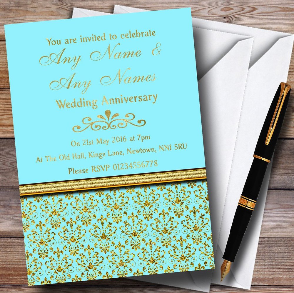 Aqua Sky Blue & Gold Vintage Damask Personalized Anniversary Party Invitations