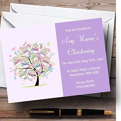 Baby Tree Lilac Christening Party Personalized Invitations