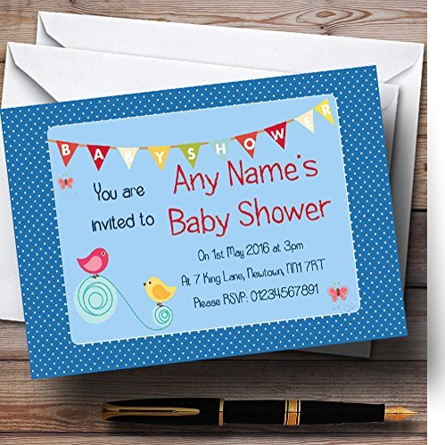Sweet Birds Blue Boy Personalized Baby Shower Invitations