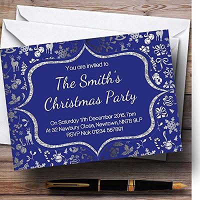 Blue & Silver Classique Personalized Christmas/New Year/Holiday Party Invitations