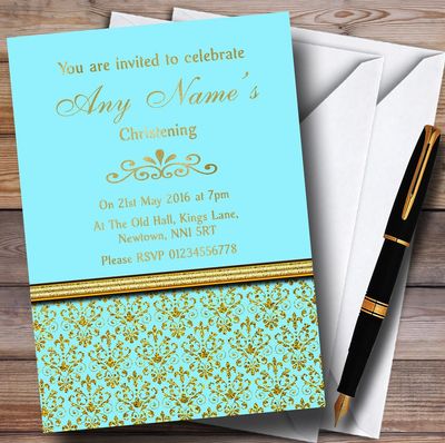 Aqua Sky Blue & Gold Vintage Damask Personalized Christening Invitations