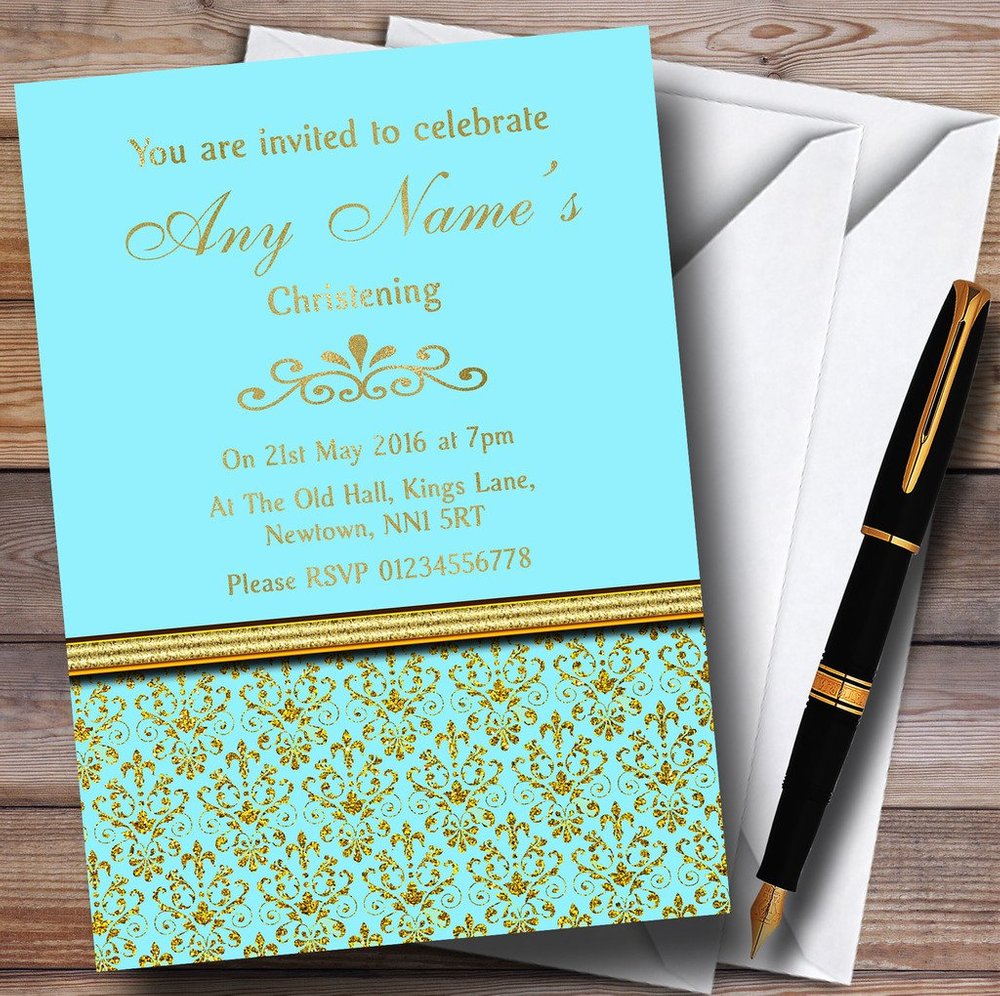 Aqua Sky Blue & Gold Vintage Damask Personalized Christening Invitations