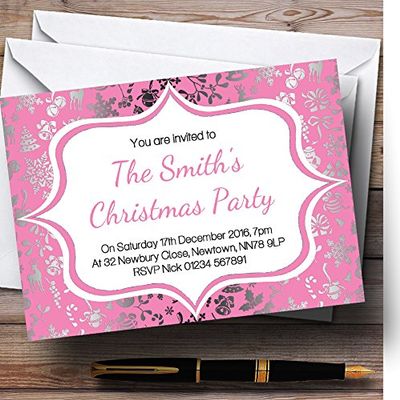 Baby Pink & Silver Classique Personalized Christmas/New Year/Holiday Party Invitations