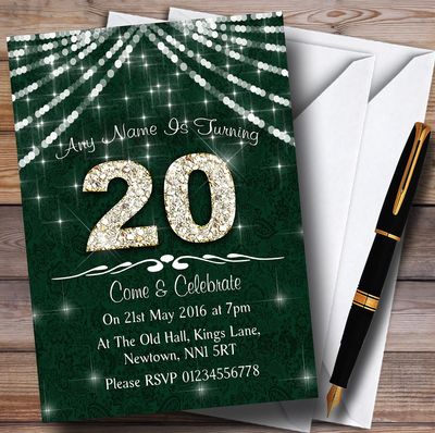 20Th Green & White Bling Sparkle Birthday Party Personalized Invitations
