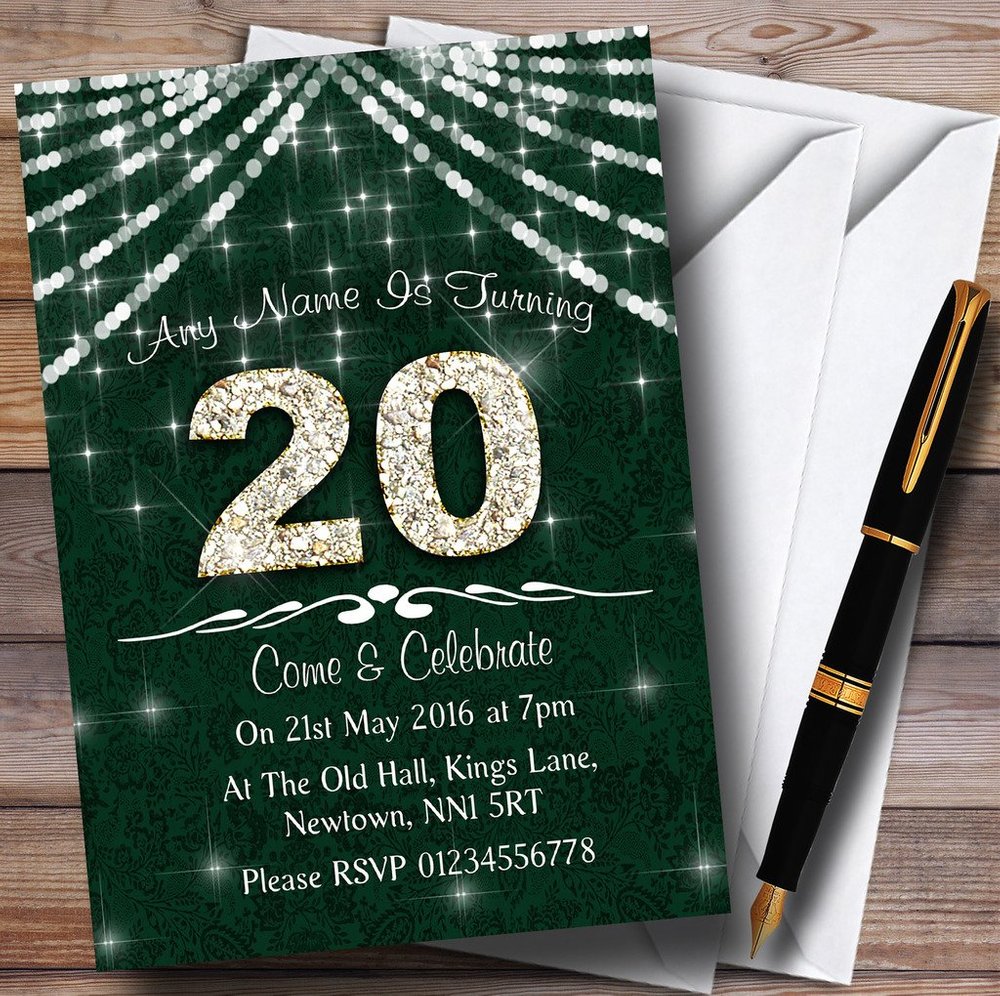 20Th Green & White Bling Sparkle Birthday Party Personalized Invitations