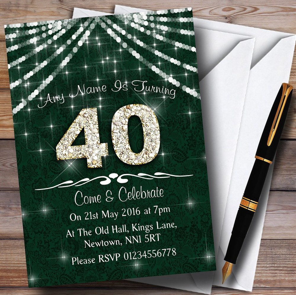 40Th Green & White Bling Sparkle Birthday Party Personalized Invitations