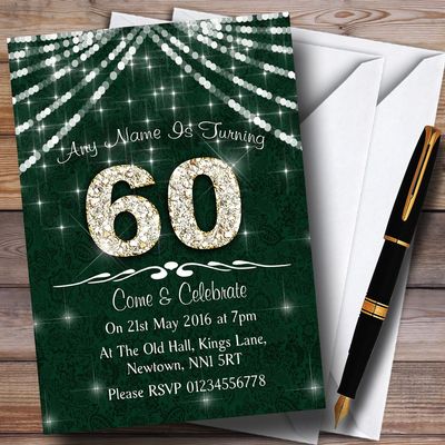 60Th Green & White Bling Sparkle Birthday Party Personalized Invitations