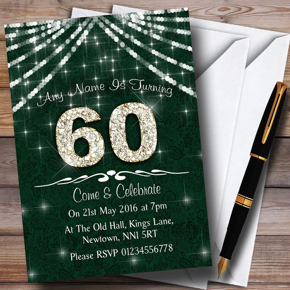 60Th Green & White Bling Sparkle Birthday Party Personalized Invitations