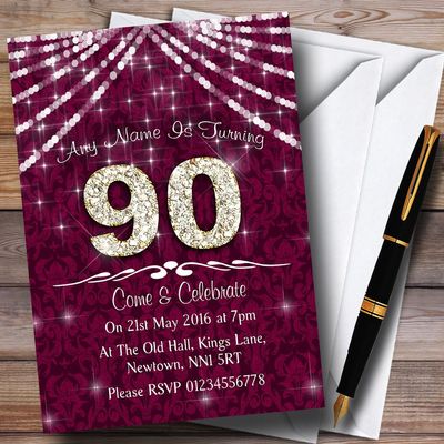 90Th Cranberry & White Bling Sparkle Birthday Party Personalized Invitations