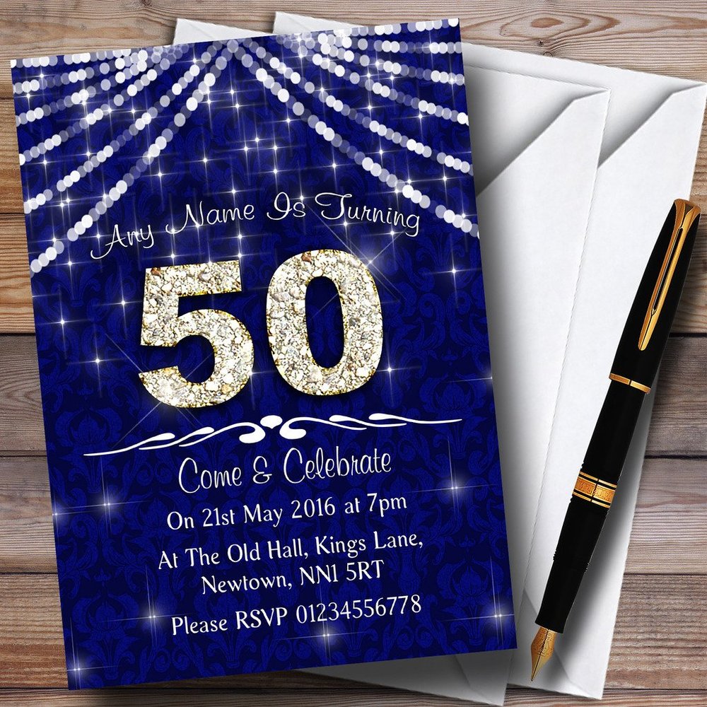 50Th Navy Blue & White Bling Sparkle Birthday Party Personalized Invitations