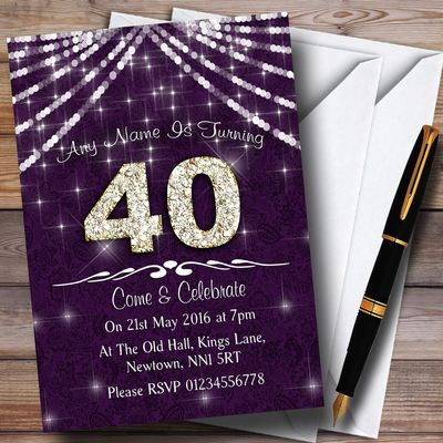 40Th Purple & White Bling Sparkle Birthday Party Personalized Invitations