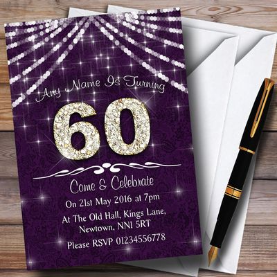 60Th Purple & White Bling Sparkle Birthday Party Personalized Invitations