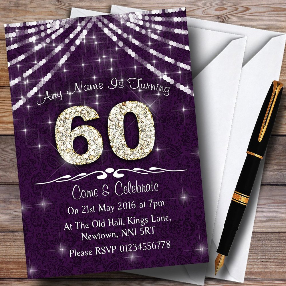 60Th Purple & White Bling Sparkle Birthday Party Personalized Invitations
