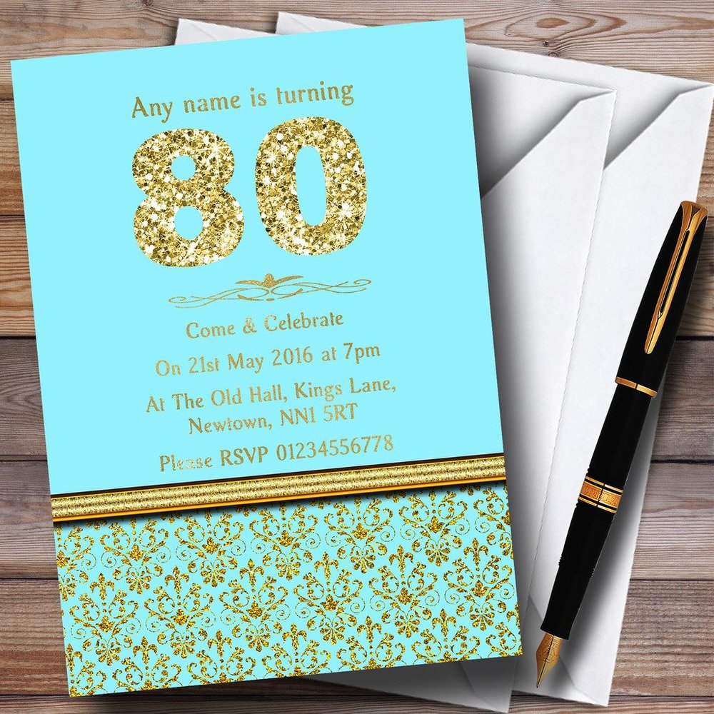 Aqua Sky Blue & Gold Vintage Damask 80Th Personalized Birthday Party Invitations