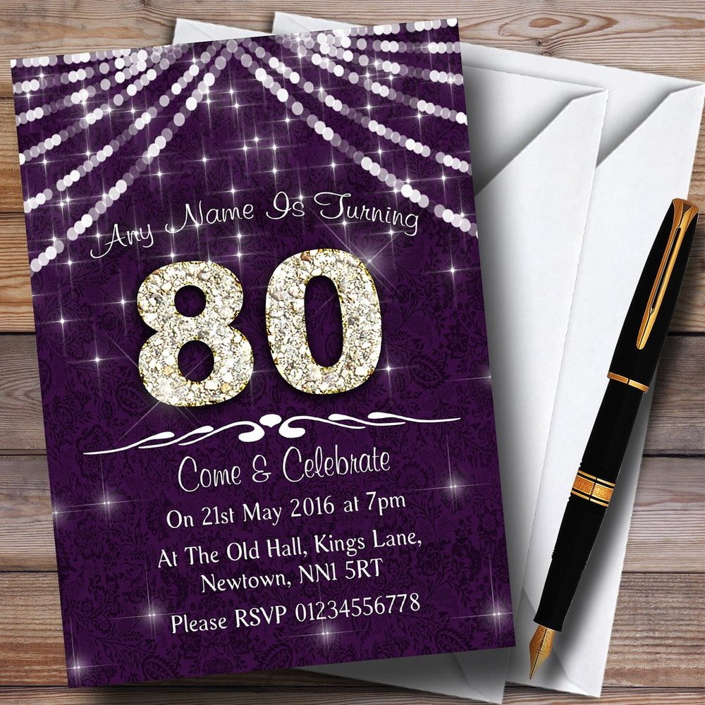 80Th Purple & White Bling Sparkle Birthday Party Personalized Invitations